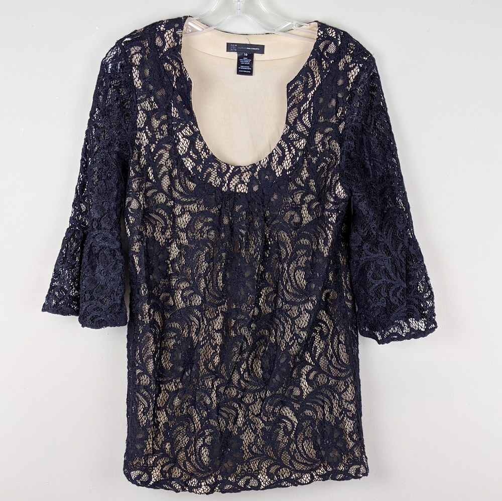 INC | Black Lace Overlay Beige Dress-E88